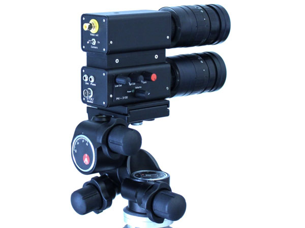 Dual-optics system unit on tripod — rear angled view