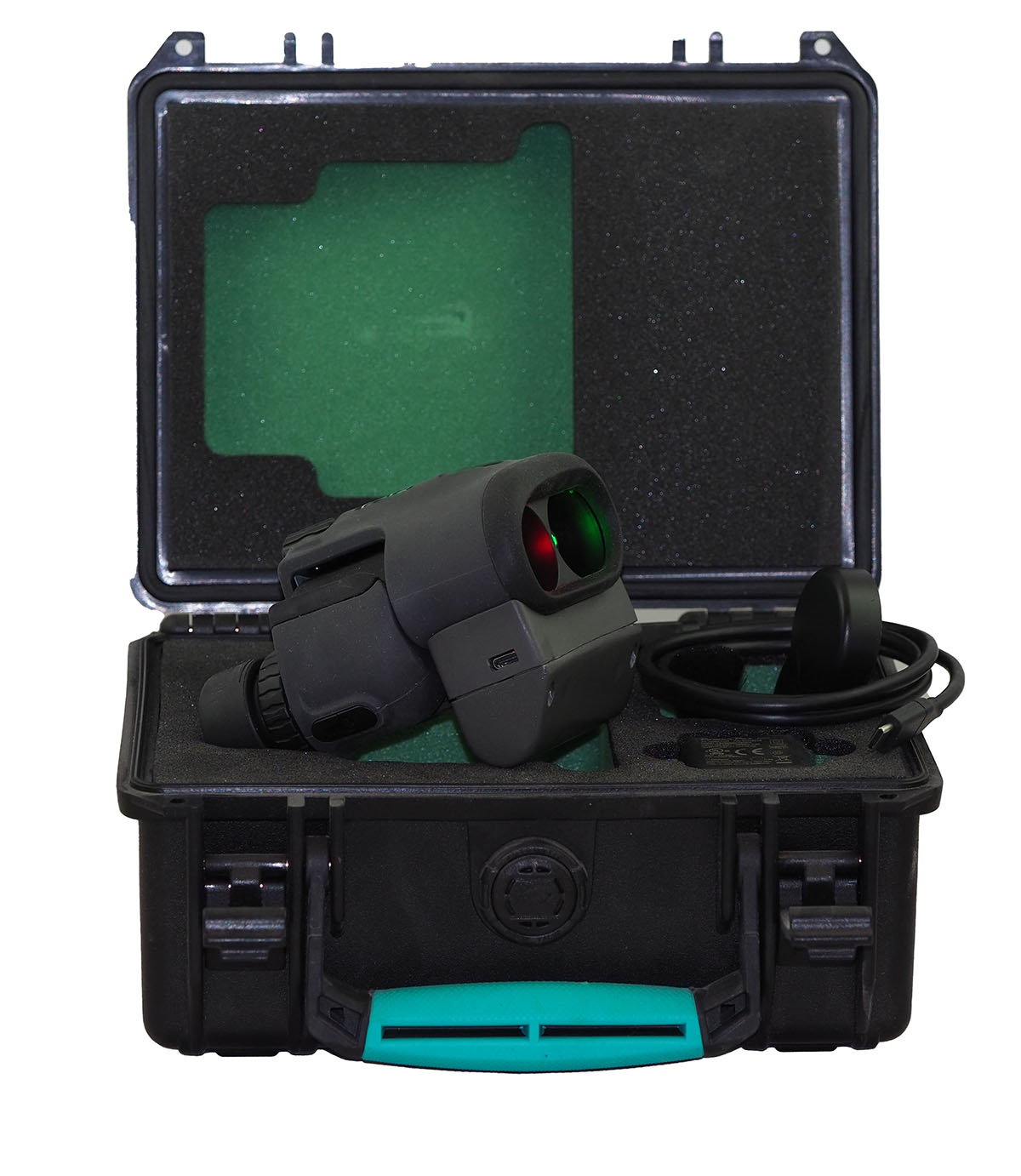 Three-quarter view of detector in case